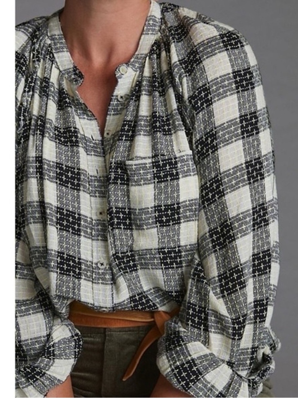 Anthropologie Pilcro Breezy Black Plaid Button Down Blouse Size Medium (M) Check